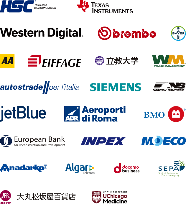 TEL,HSC,TEXAS INSTRUMENTS,Western Digital,Brembo,BAYER,AA,EIFFAGE,WM,autostrade per l'italia,SIEMENS,NS,jetBlue,Aeroporti di Roma,BMO,European Bank,INPEX,MOECO,Anadarka,Algar,docomo business,SEPA,大丸松坂屋百貨店,UChicago Medicine,立教大学