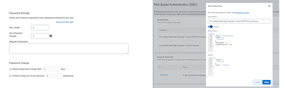 図3：認証系設定（左：パスワードルール、右：リスクベース認証）