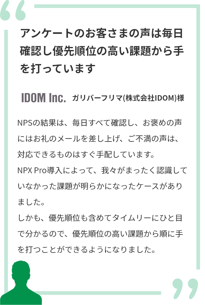 アンケートのお客さまの声は毎日確認し、優先順位の高い課題から手を打っています　ガリバーフリマ(株式会社IDOM)様　NPSの結果は、毎日すべて確認し、お褒めの声にはお礼のメールを差し上げ、ご不満の声は、対応できるものはすぐ手配しています。NPX Pro導入によって、我々がまったく認識していなかった課題が明らかになったケースがありました。しかも、優先順位も含めてタイムリーにひと目で分かるので、優先順位の高い課題から順に手を打つことができるようになりました。