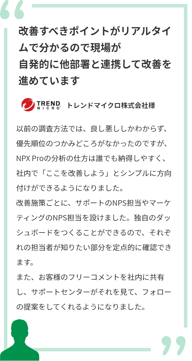改善すべきポイントがリアルタイムで分かるので、現場が自発的に他部署と連携して改善を進めています　トレンドマイクロ株式会社様　以前の調査方法では、良し悪ししかわからず、優先順位のつかみどころがなかったのですが、NPX Proの分析の仕方は誰でも納得しやすく、社内で「ここを改善しよう」とシンプルに方向付けができるようになりました。改善施策ごとに、サポートのNPS担当やマーケティングのNPS担当を設けました。独自のダッシュボードをつくることができるので、それぞれの担当者が知りたい部分を定点的に確認できます。また、お客様のフリーコメントを社内に共有し、サポートセンターがそれを見て、フォローの提案をしてくれるようになりました。